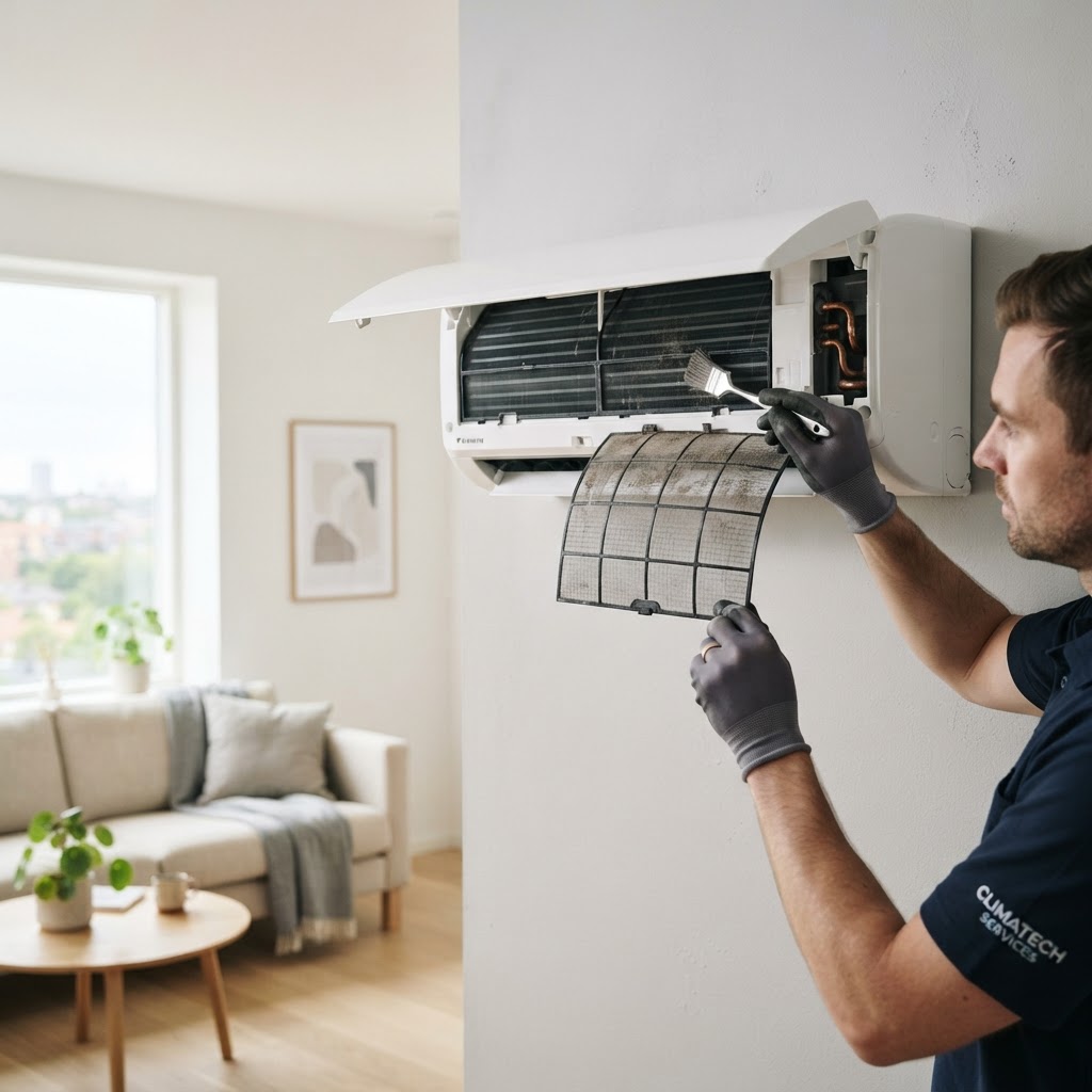 Klíma beltéri egység karbantartása közben, világos nappaliban