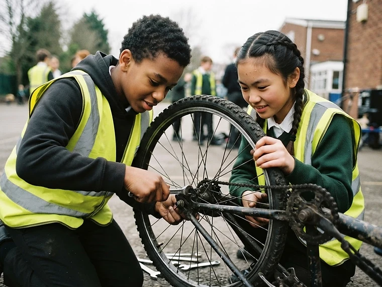 Secondary school pupils working together on a bicycle during a cycling workshop