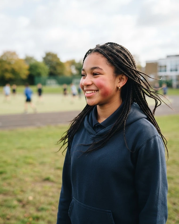 A secondary school pupil with a genuine sense of accomplishment outdoors