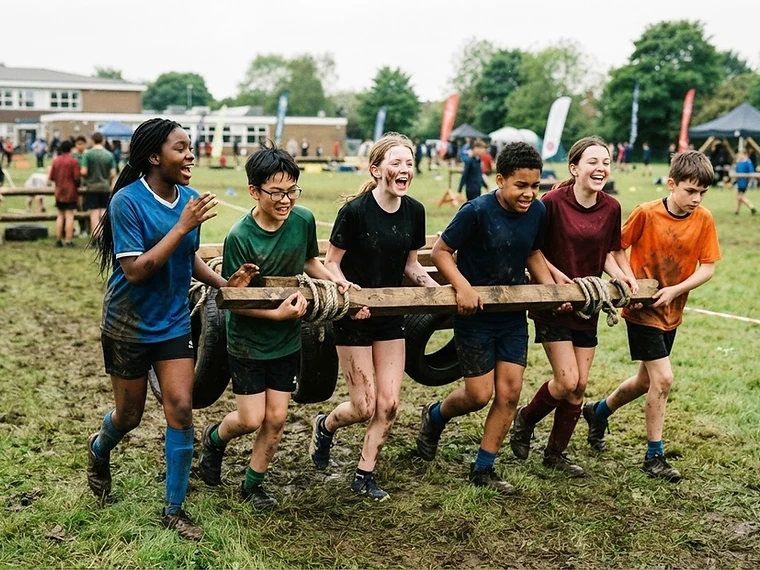 Diverse secondary school pupils taking part in a team sports challenge outdoors