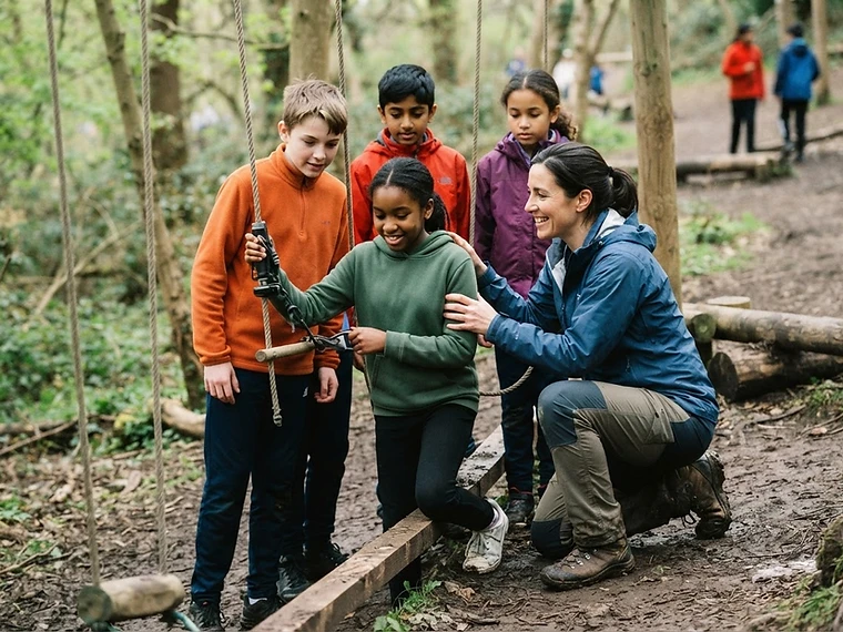 A teacher supporting a small group of pupils during a bespoke outdoor activity