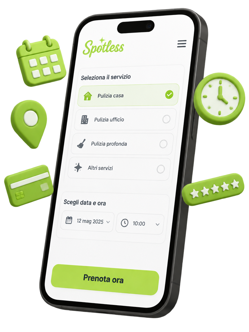 Mockup app Spotless con processo di prenotazione
