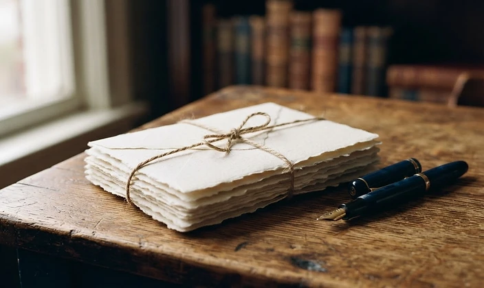A stack of cream-coloured letters tied with twine on a wooden table
