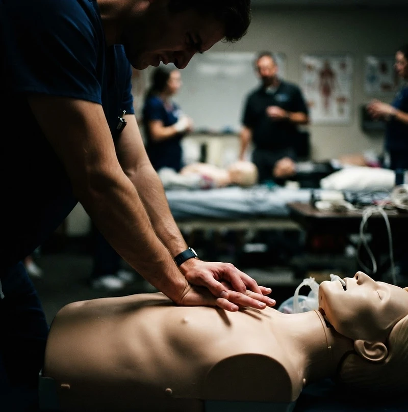 Hands performing CPR compressions on a training manikin