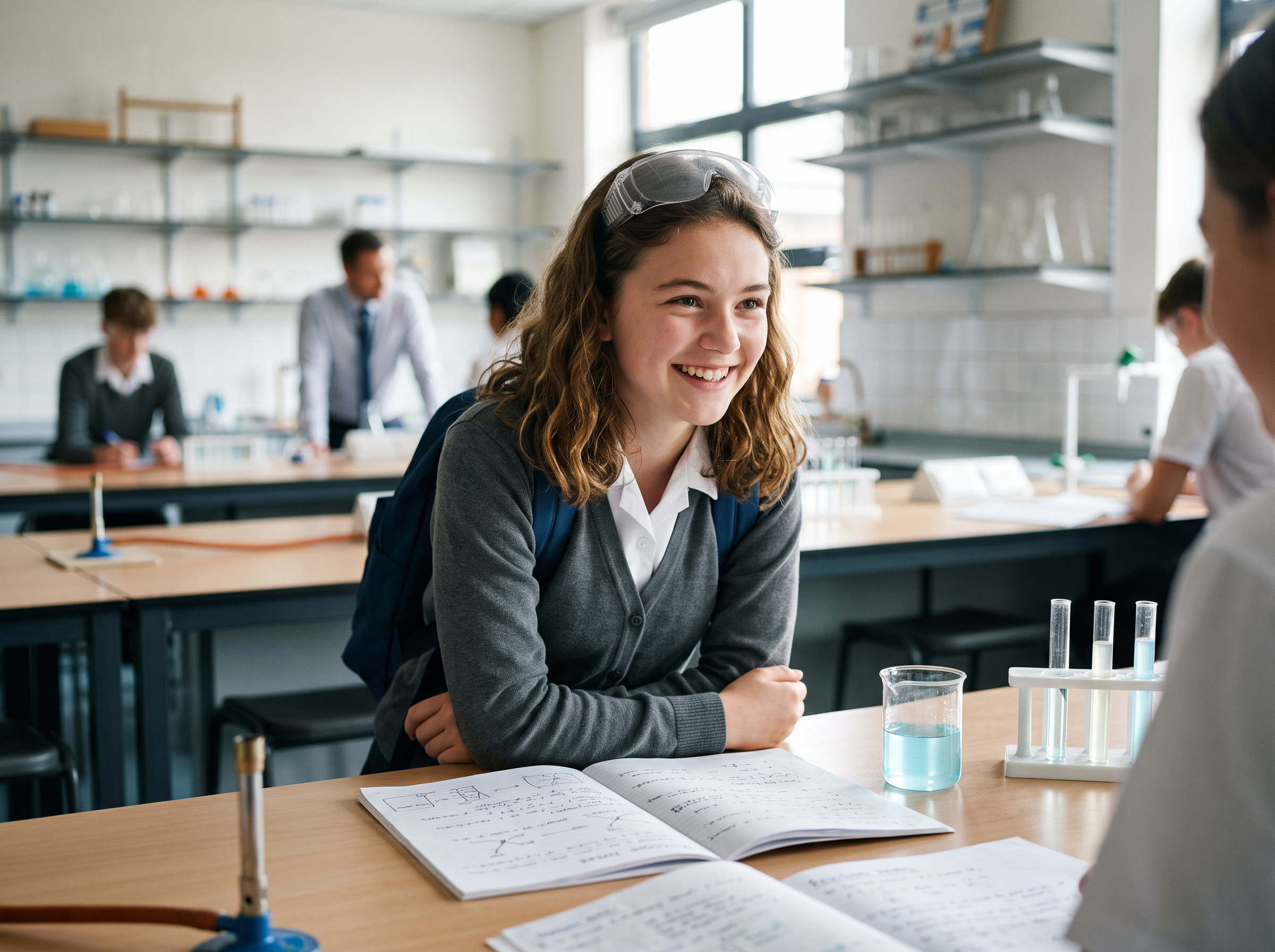 Smiling pupil in a school science lab