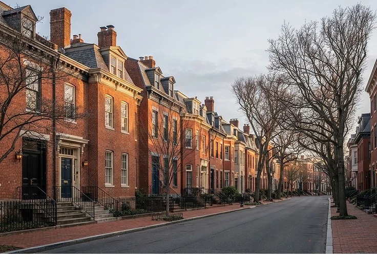 Residential street with brick homes and chimneys in Alexandria, VA