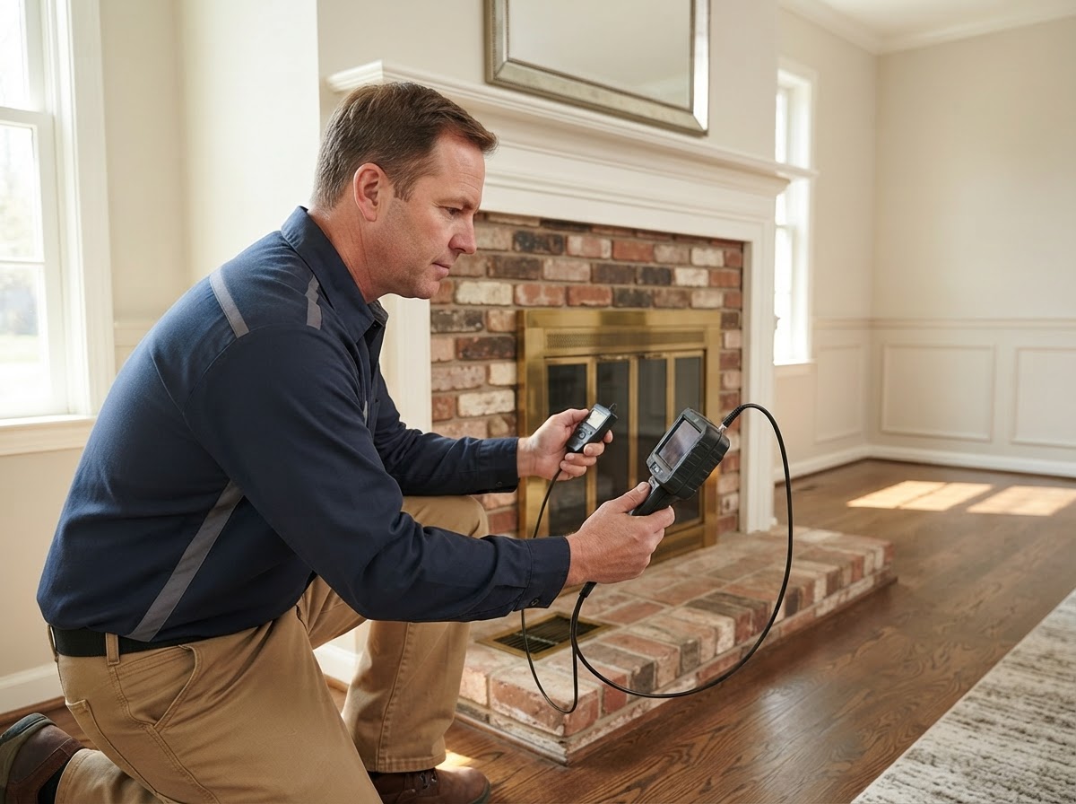 Certified technician inspecting a chimney flue