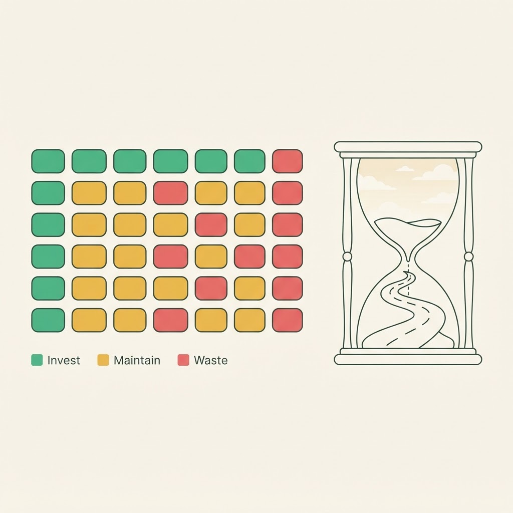 A day of 30-minute time blocks colored green, amber, and red beside a line-art hourglass with a road running through it