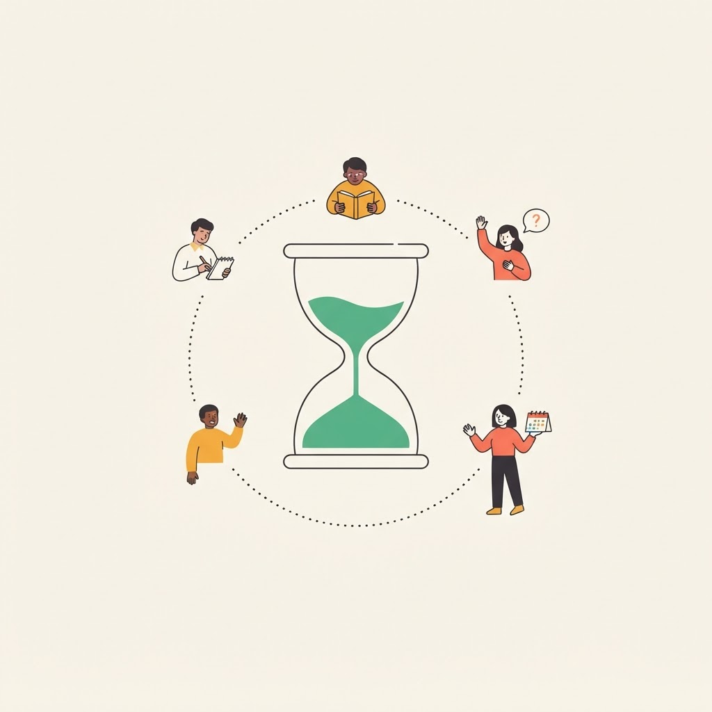 Illustration of a community gathered around an hourglass