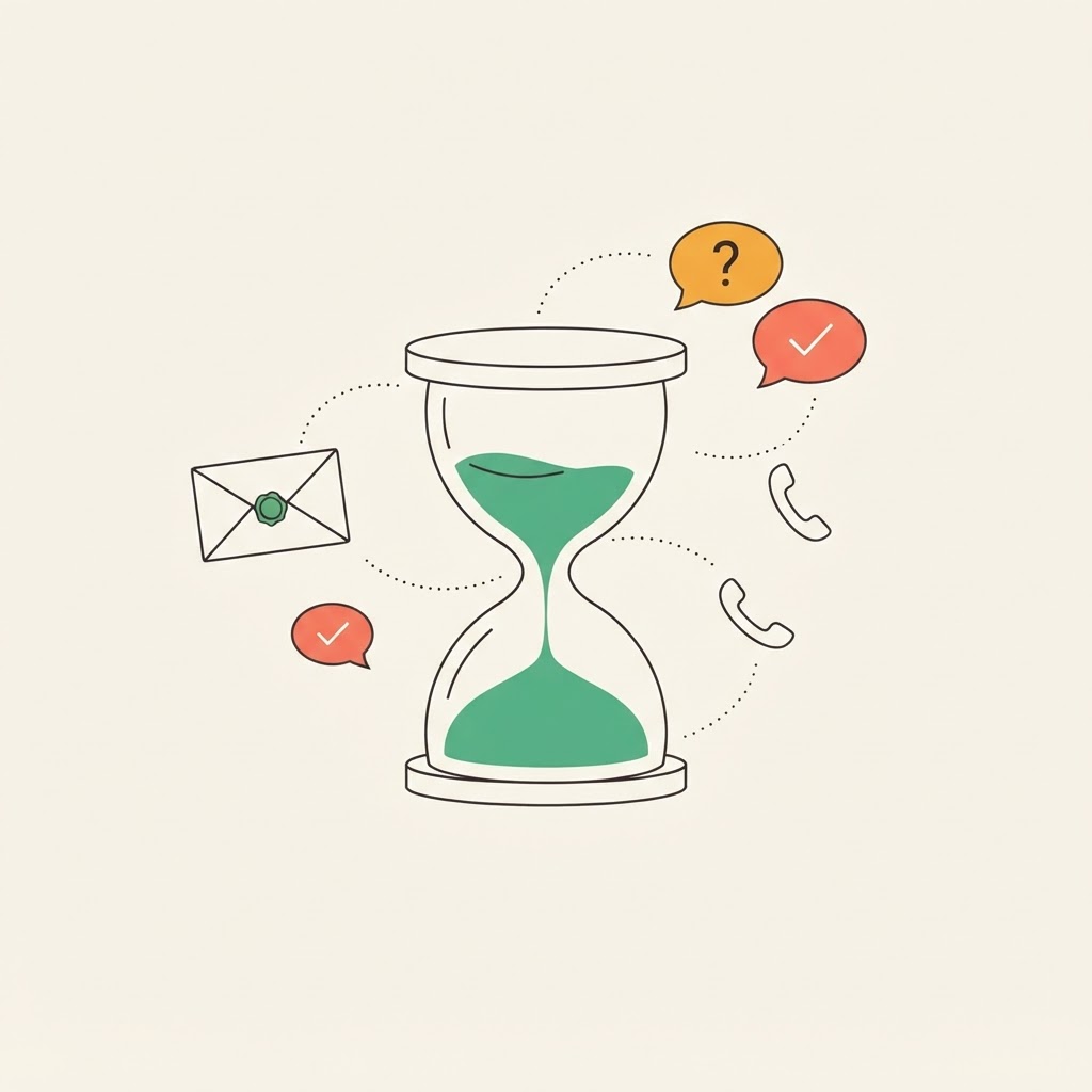 Illustration of an hourglass with an envelope and chat bubbles