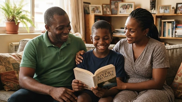 Une famille gabonaise accompagnant son enfant dans ses devoirs
