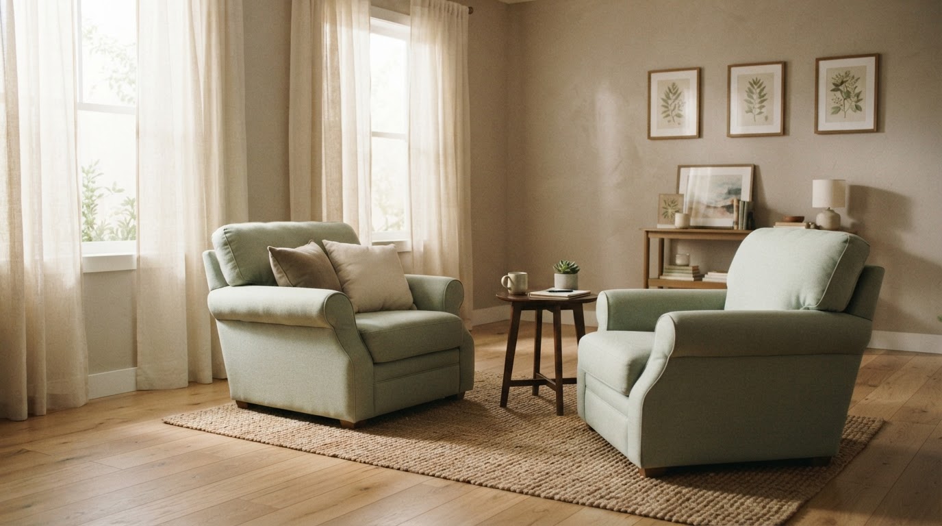 A sunlit counseling room with two armchairs