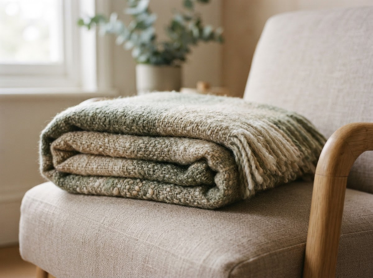 A folded wool blanket