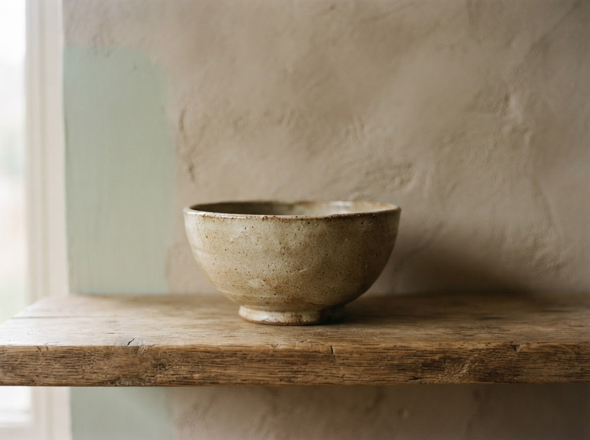 A ceramic bowl on a shelf