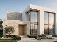 Façade minimalist d'un bien immobilier, lignes épurées et lumière du matin