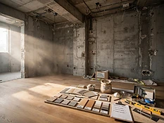 Espace en cours de rénovation, structure brute rencontrant un parquet en chêne neuf