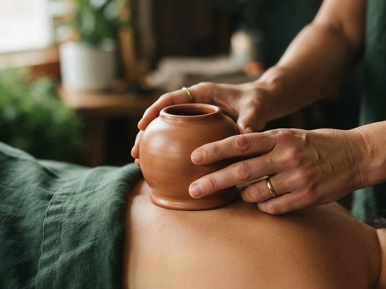 Hands holding a ceramic cupping therapy tool