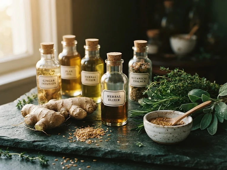 Still life of glass lab vials with ginger root, flax seeds, and fresh herbs