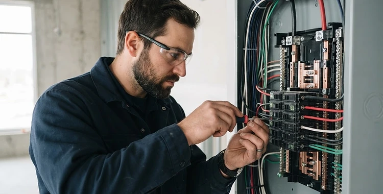 A professional electrician working methodically on a clean electrical panel