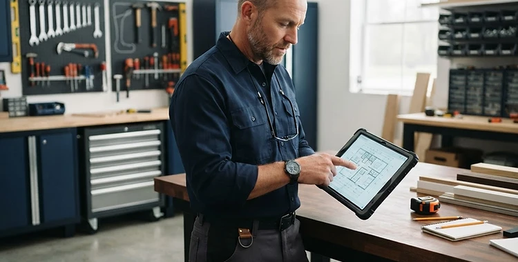 A contractor reviewing a project blueprint on a tablet in a clean workshop
