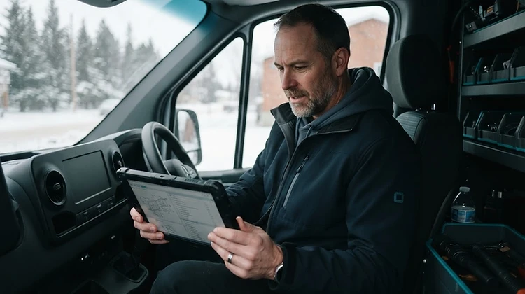 A professional contractor reviewing a tablet in a clean service vehicle