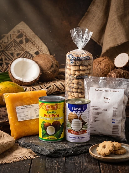 A collection of Taro Market's frozen and canned Samoan products on a rustic wooden surface