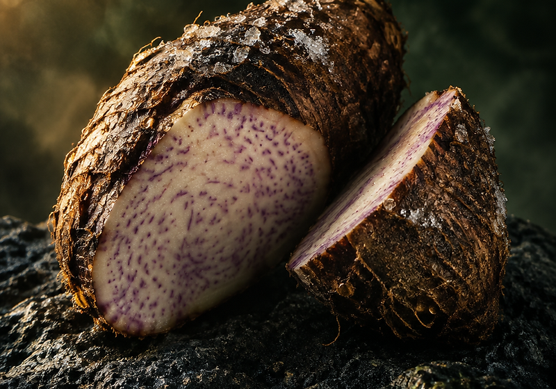 Fresh taro root split open