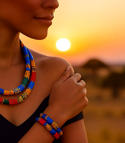 Woman wearing a handcrafted beaded necklace at sunset