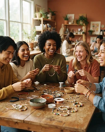 A diverse group of young people laughing and making jewelry together in a classroom