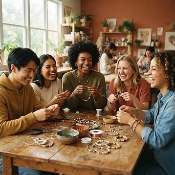 A diverse group of young people laughing and making jewelry together in a classroom
