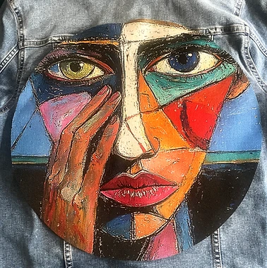 Denim jacket with an abstract portrait on the back