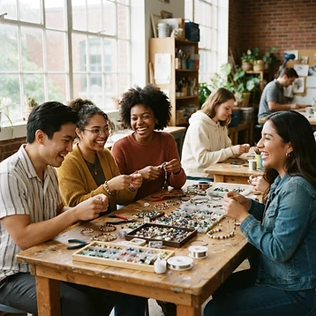 A diverse group of young people laughing while making jewelry together in a classroom studio