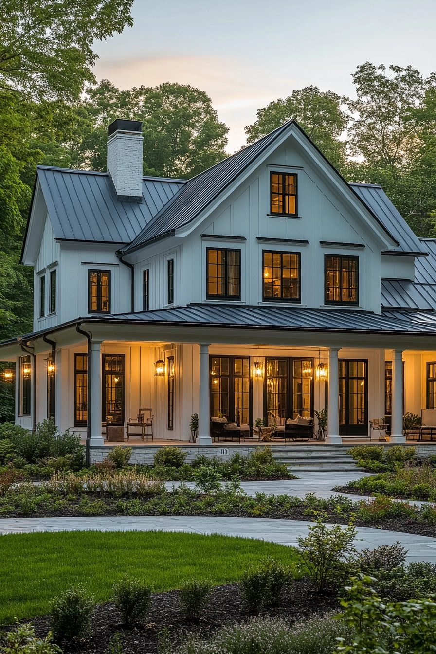 Custom modern farmhouse at golden hour