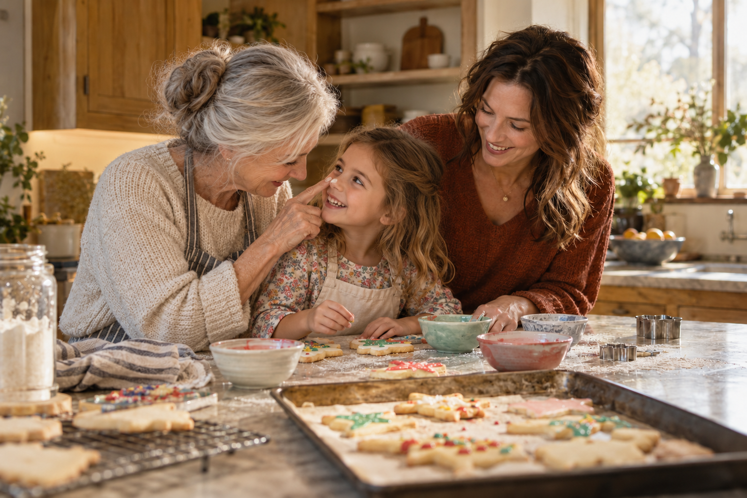 Three generations baking together in a kitchen