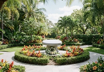 Central memorial garden with a stone monument and tropical plantings