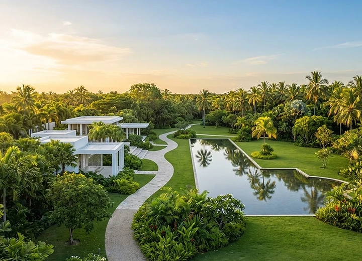 Bright tropical memorial park at golden hour