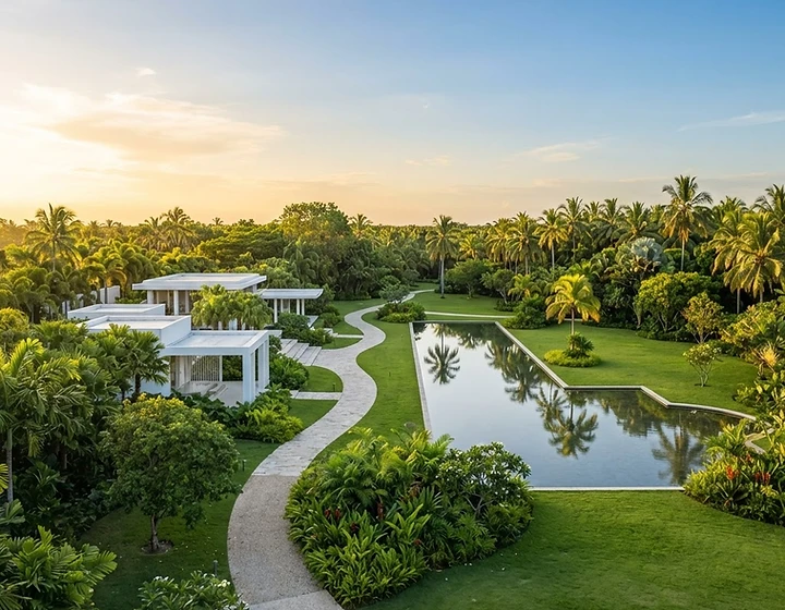 Bright tropical memorial park at golden hour with landscaped gardens and white pavilions
