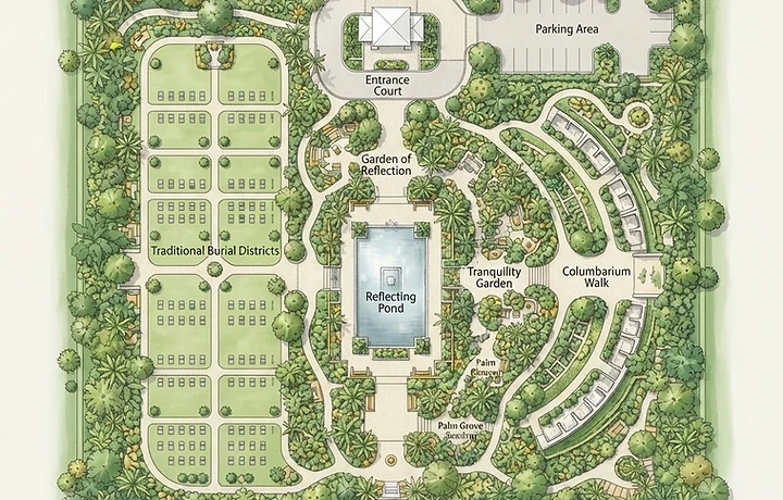 Aerial master plan render of the Greenheart memorial park