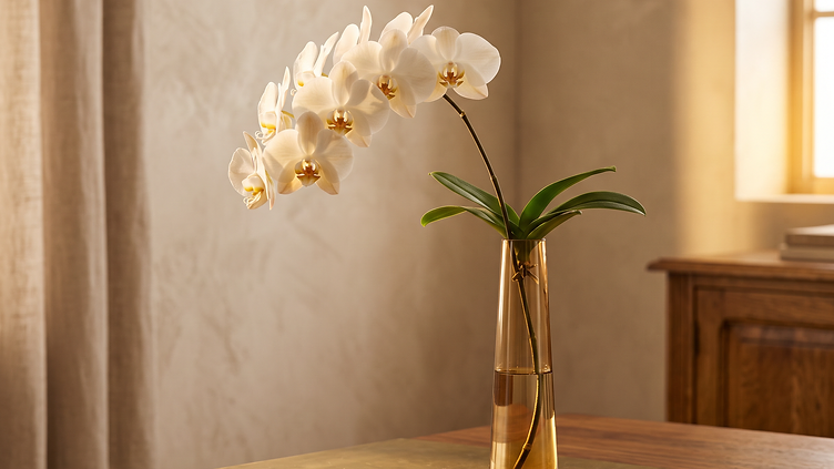 White orchid in a golden vase on a brass table, warm sunlight