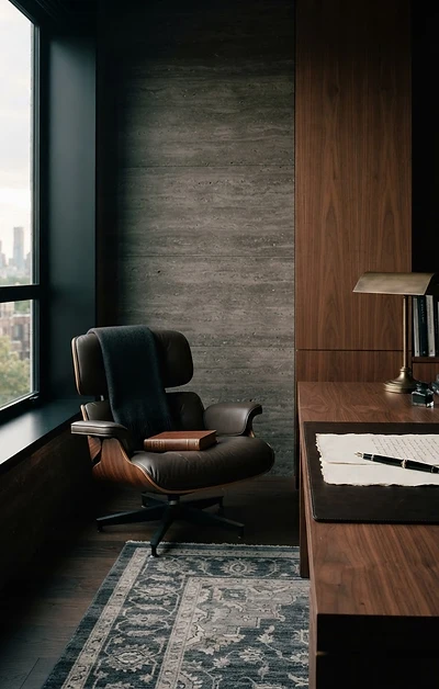 A serene private office corner with a leather chair beside a tall window, soft directional light, and a walnut desk — reflecting Dr. Friedland's contemplative practice.