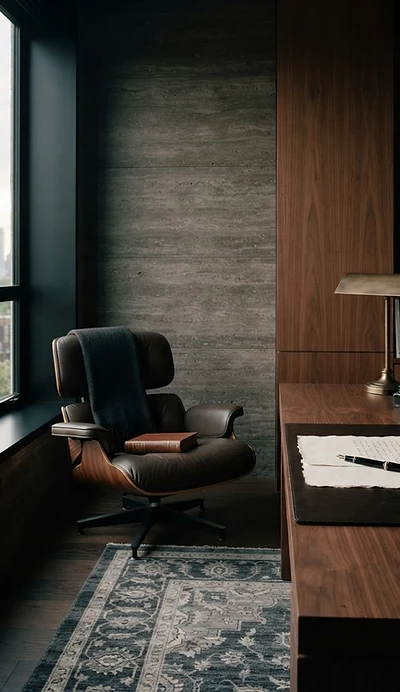A serene private office corner with a leather chair beside a tall window, soft directional light, and a walnut desk — reflecting Dr. Friedland's contemplative practice.