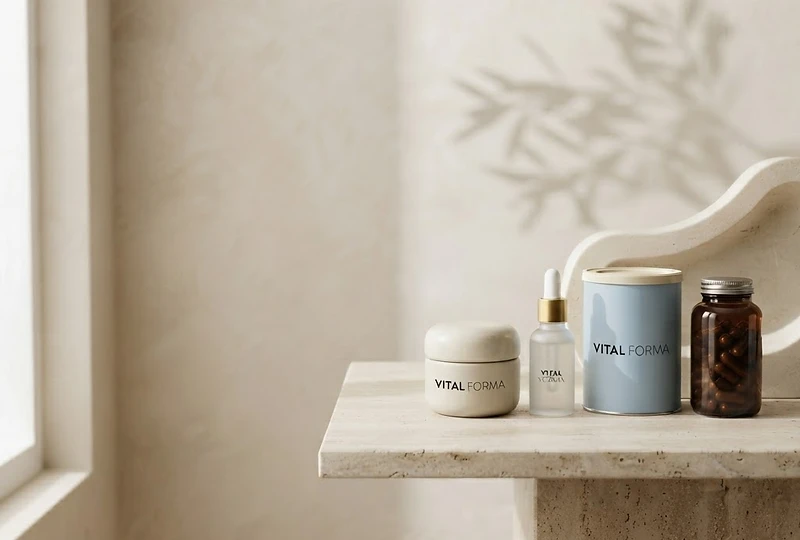 Premium skincare and wellness essentials on sunlit travertine
