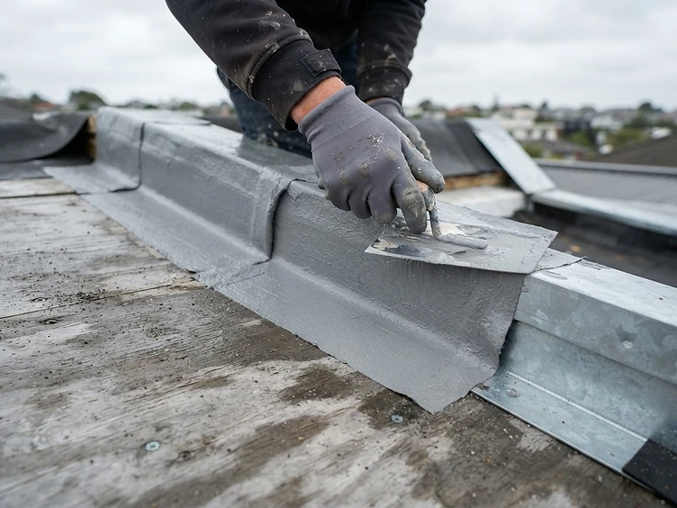Waterproofing membrane being applied to a roof junction