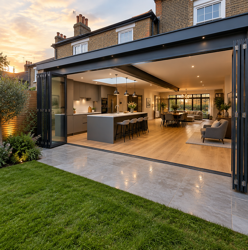 Completed modern rear extension with bi-fold doors by UC-Homes