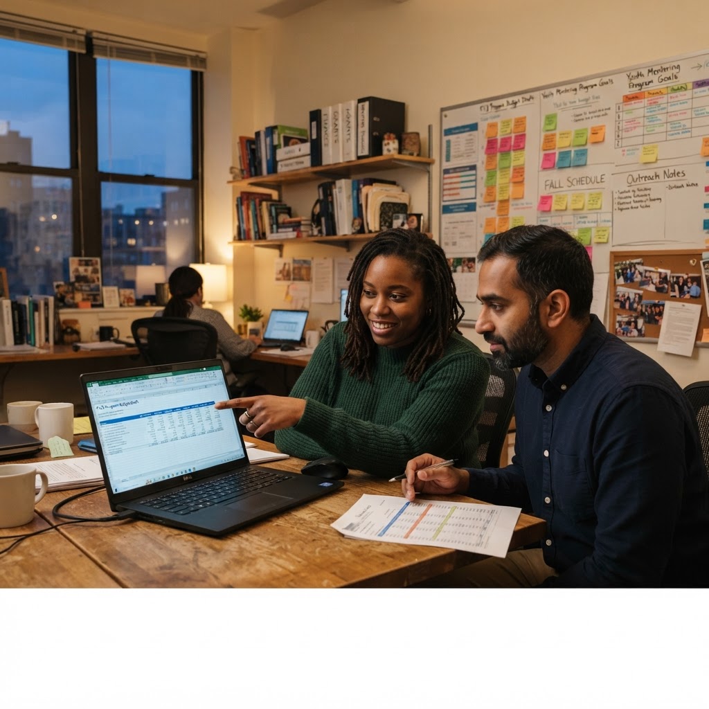 A finance lead and program director reviewing funding together at a shared desk in the evening.