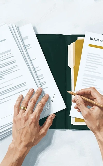 Editorial illustration of hands reviewing a grant application against source documents and a budget worksheet.