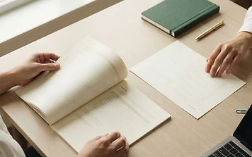 Hands reviewing foundation research and a funding plan at a nonprofit team workspace.