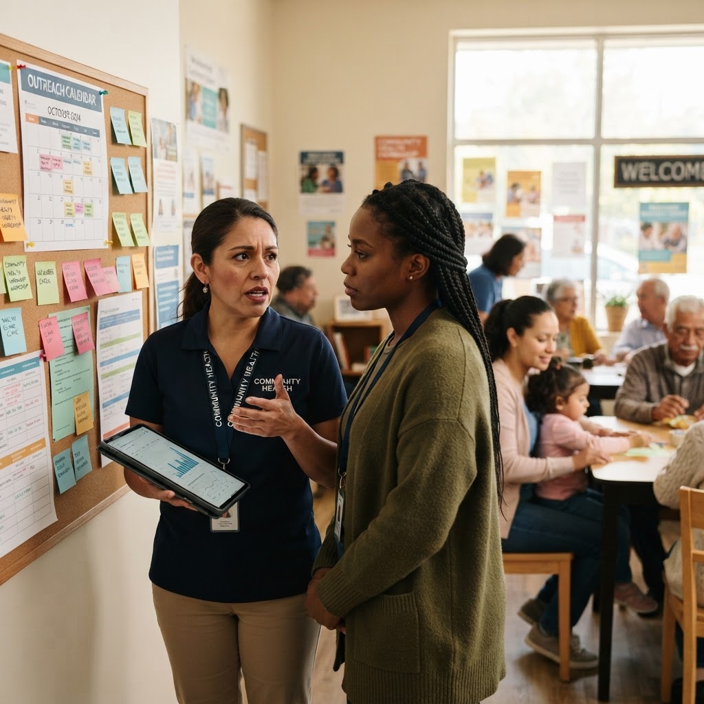 A community health worker with a tablet planning outreach with a program coordinator