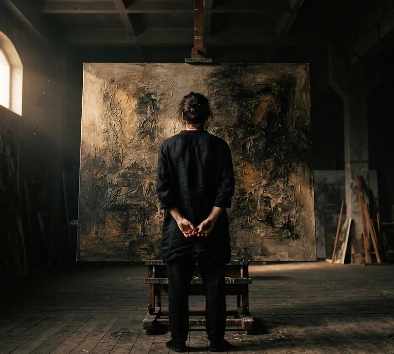 HONG XI photographed from behind, creating an enormous artwork in a dark studio