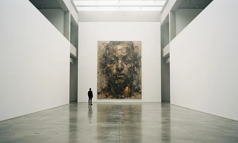 A minimalist gallery interior with a large-scale artwork